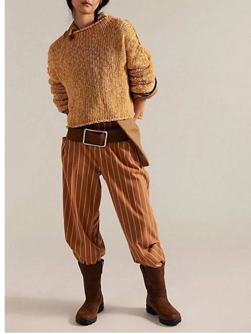 Free People Nice Choice Barrel Pull On Trousers in caramel pinstripe
